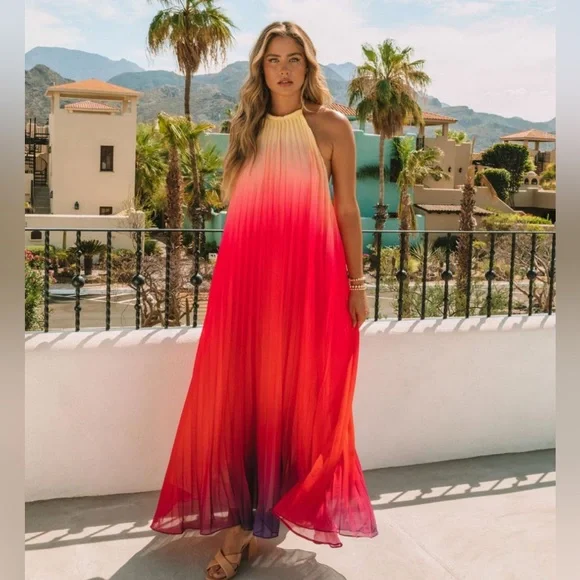 Fashion Multi-Color Halter Open Back Watercolor Maxi Dress L / Multi-Color